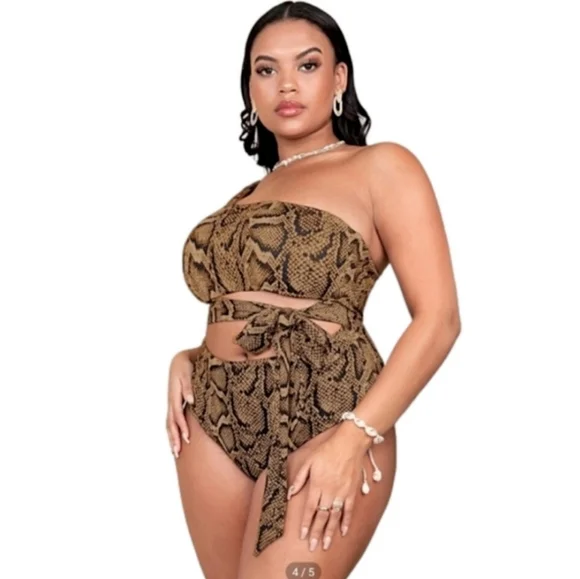 Snakeskin Print One Shoulder One Piece Swimsuit - Sz 1xl - Picture 1 of 9